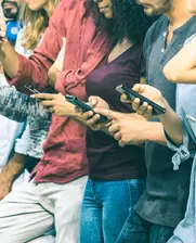 People or friends using mobile devices, phones and others