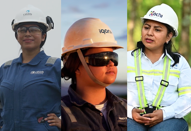 La imagen muestra a tres personas usando equipo de seguridad industrial, incluyendo cascos blancos y ropa de protección, posicionadas una al lado de la otra en distintos entornos de trabajo.