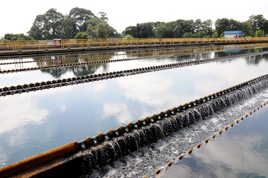 A wide view of a water treatment plant, with multiple parallel concrete channels where water flows evenly over stepped weirs. Yellow safety railings run along the walkways above the channels, and trees frame the background under a clear sky reflected in the water.