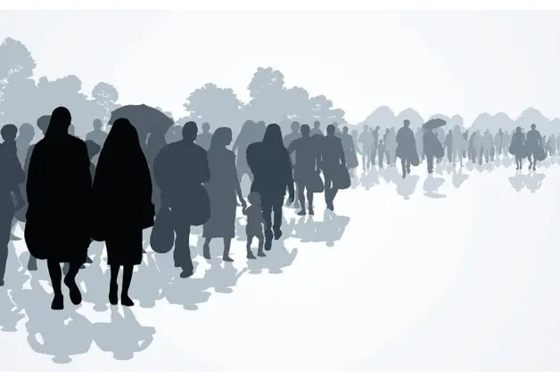 Illustration of a group of migrants walking