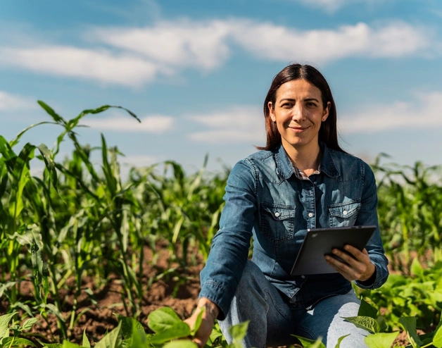 Mulher em um campo de cultivo usando plataformas digitais para a produção agrícola.