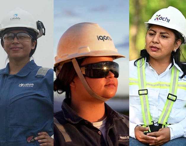 La imagen muestra a tres personas usando equipo de seguridad industrial, incluyendo cascos blancos y ropa de protección, posicionadas una al lado de la otra en distintos entornos de trabajo.