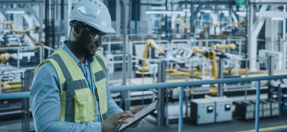Banner image showing a factory worker wearing helmet. 