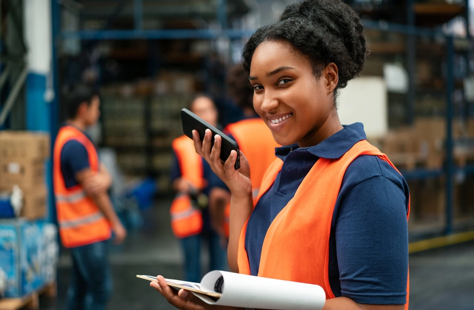 Image of an african-american woman working at a cargo company warehouse