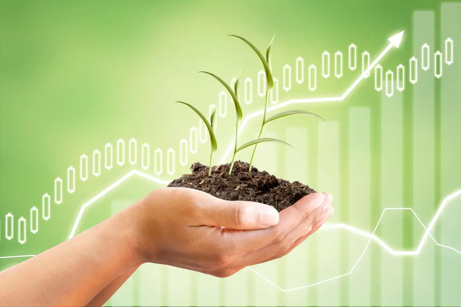 Dos manos sosteniendo una planta con una gráfica al fondo
