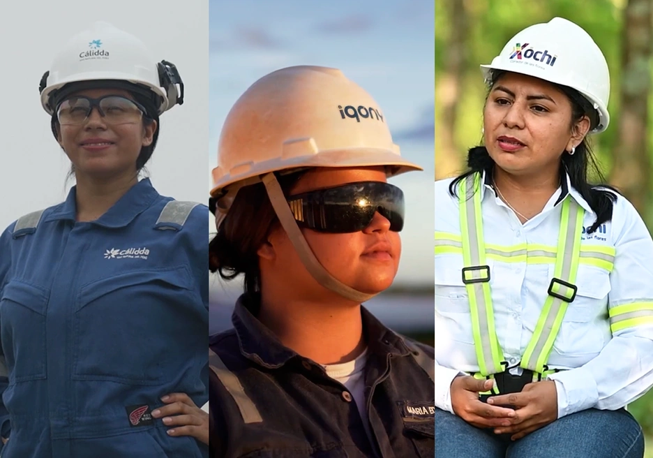 La imagen muestra a tres personas usando equipo de seguridad industrial, incluyendo cascos blancos y ropa de protección, posicionadas una al lado de la otra en distintos entornos de trabajo.